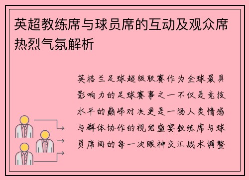 英超教练席与球员席的互动及观众席热烈气氛解析